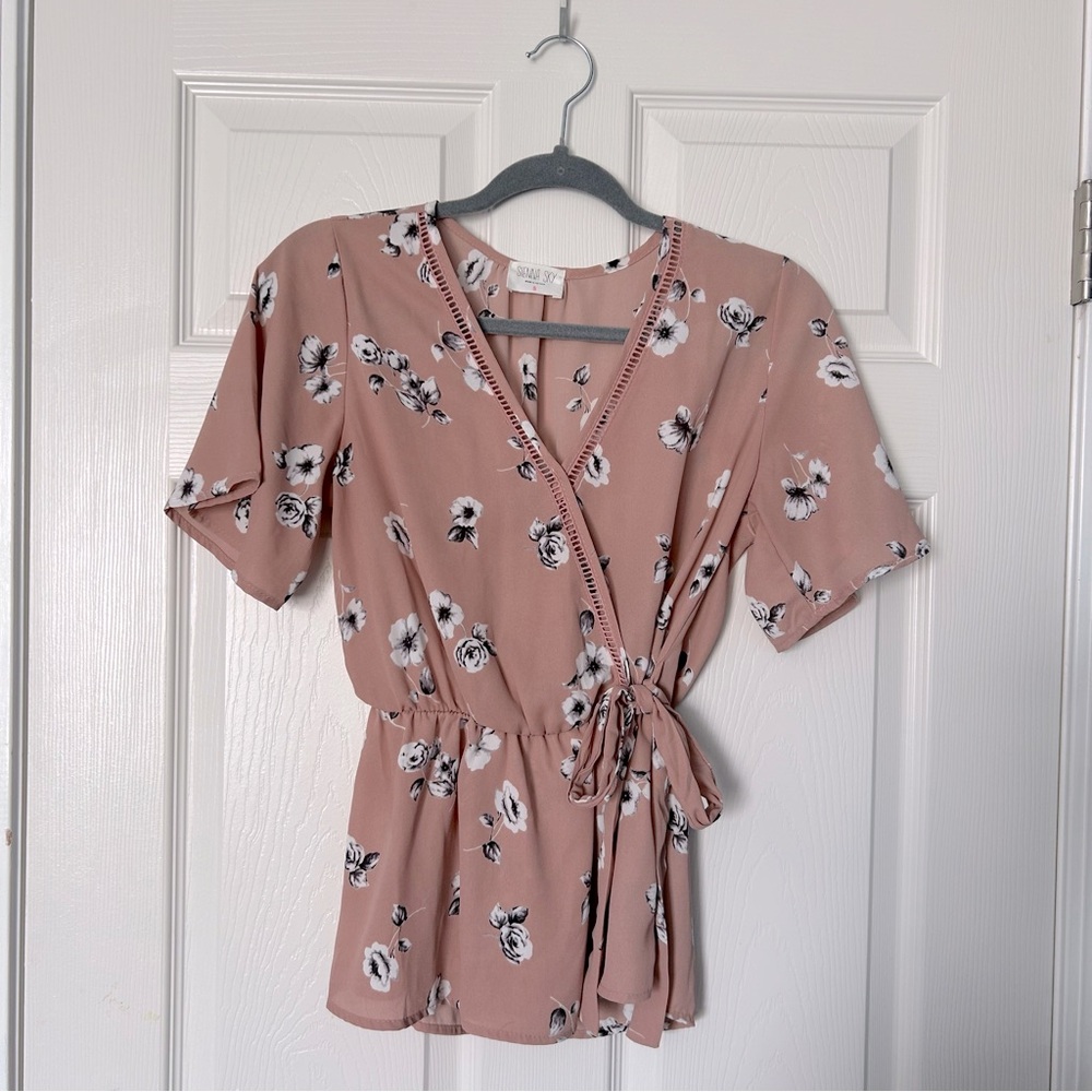 Sienna Sky | Pink Floral Faux Wrap Short Sleeve Shirt | Size S